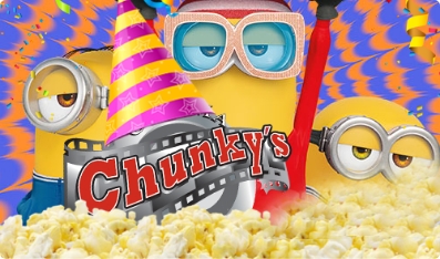 Chunkys logo, popcorn, and minions