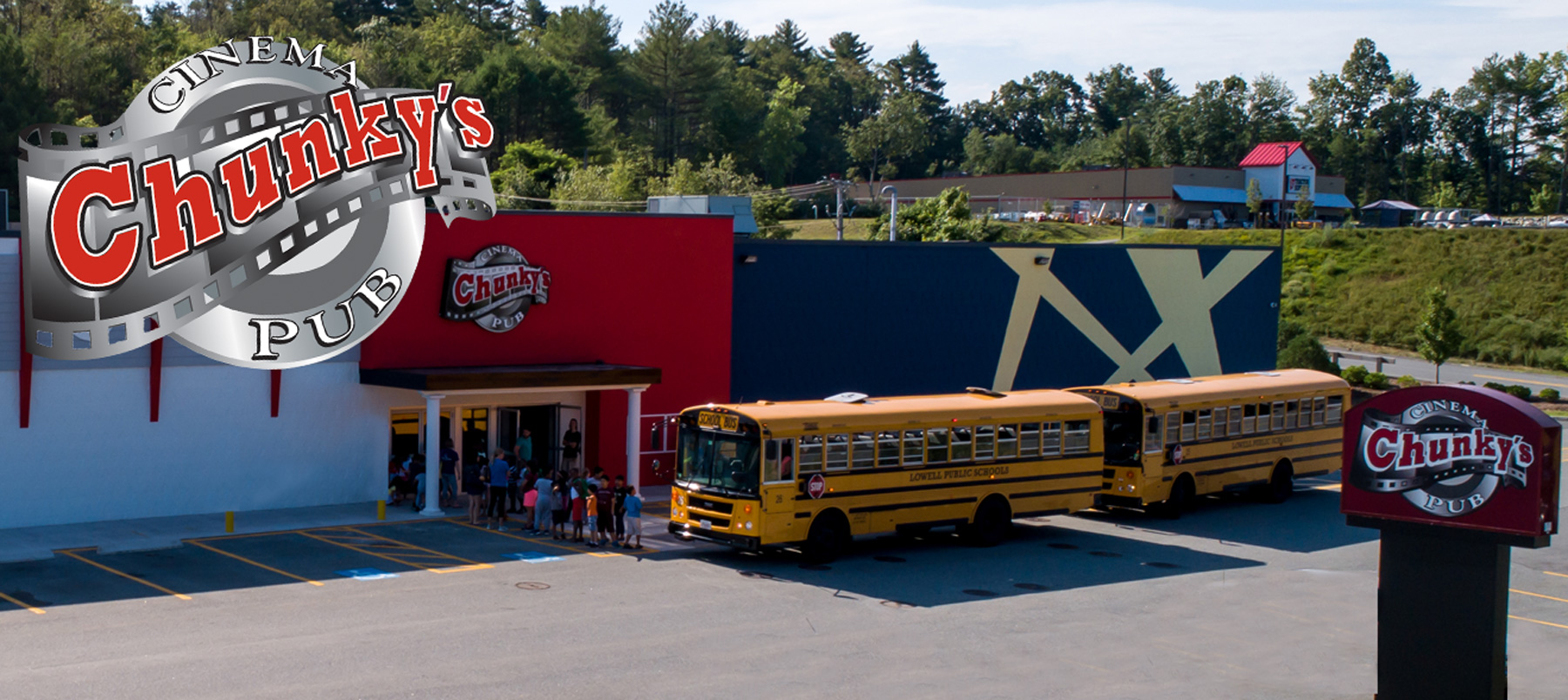 Chunky's theater with school buses outside