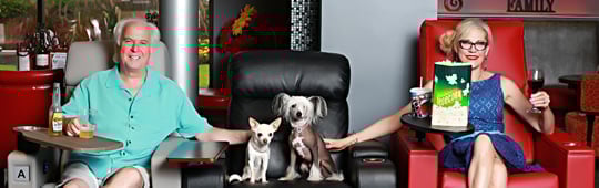 Park Plaza Cinema owners, Larry and Lucy sitting with their dogs