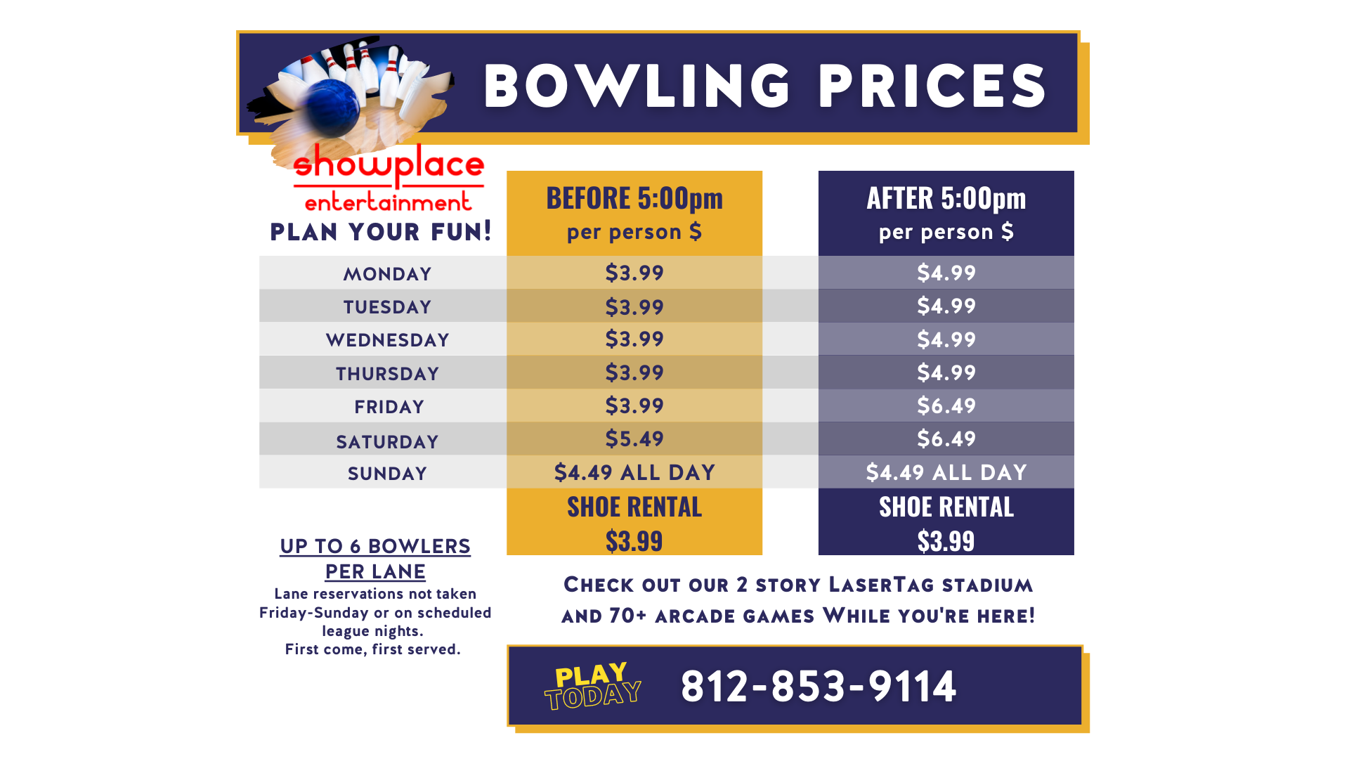 List of bowling prices per time and day