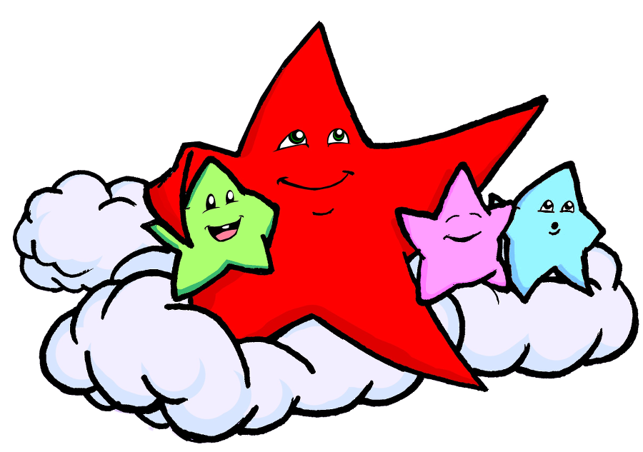 Family of anthropomorphic stars sits on a cloud facing off-screen to the right, presumably watching a movie