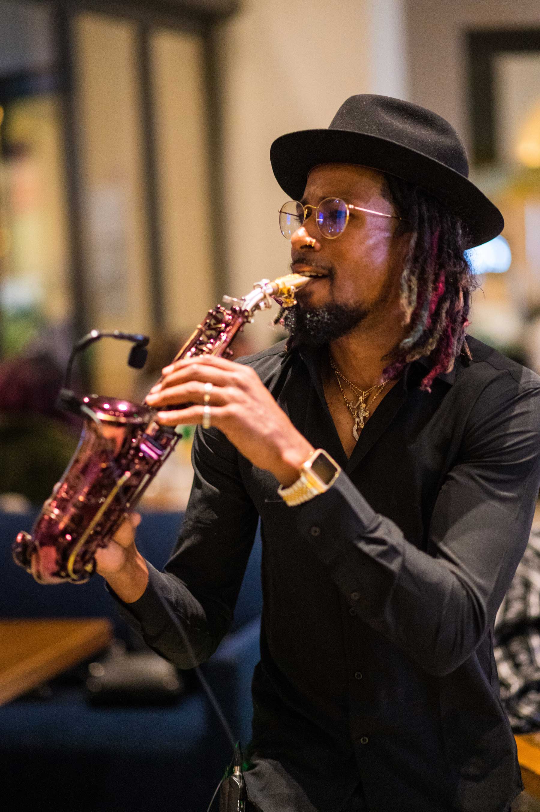 Saxophone player up close side view